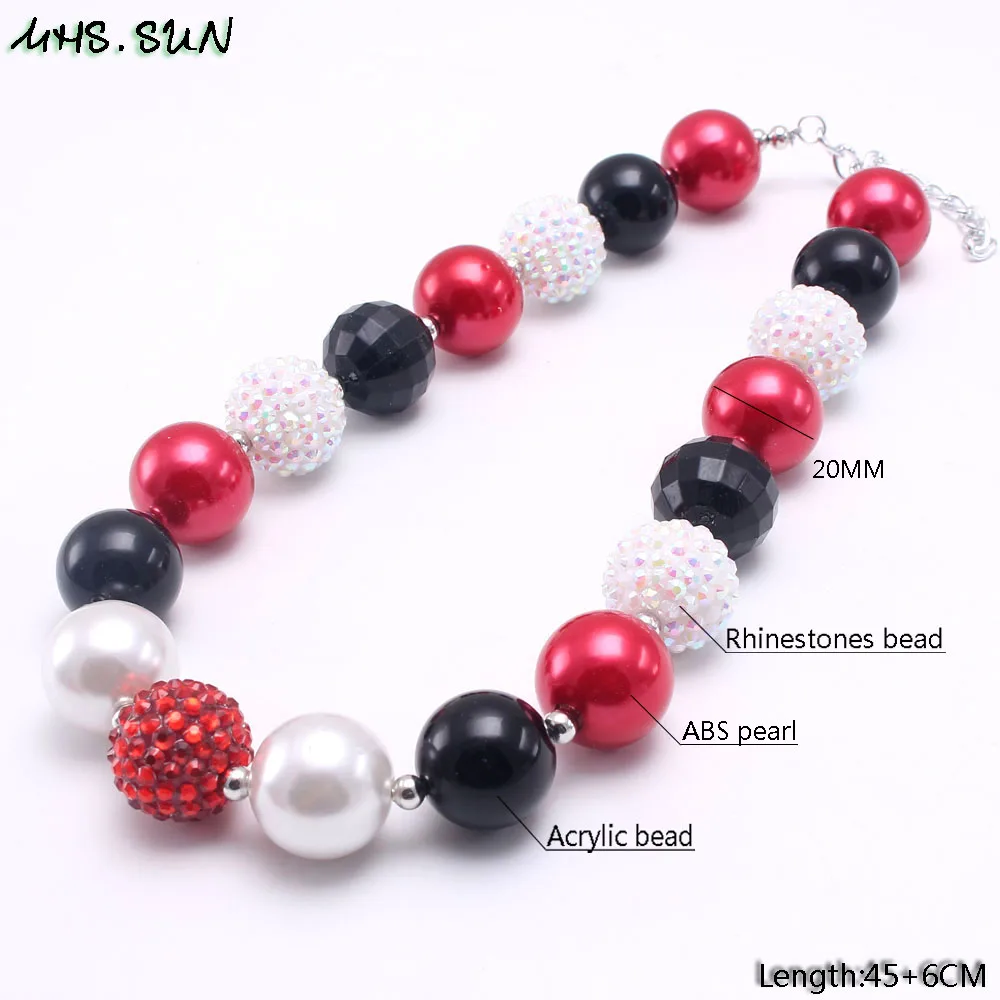 BN585-1 (5),$5.85-1PC.Chunky Black+White+Red Strand Beads Necklace Kids Baby Girls Bubblegum Beaded Jewelry Necklace For Children Best GiftJPG