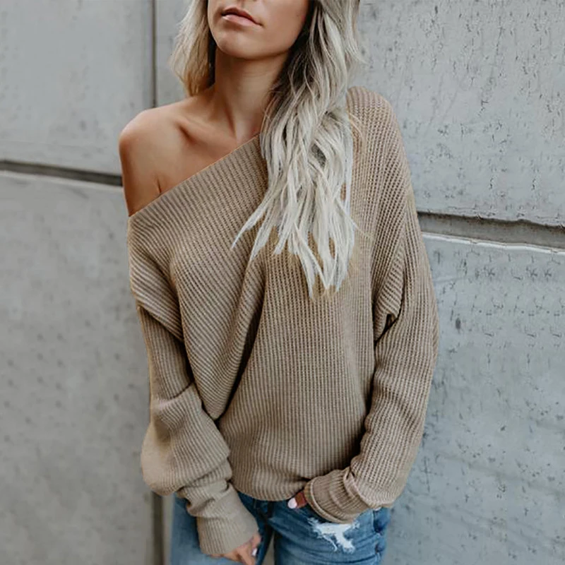 

Savabien One Shoulder Knitted Sweater Long Sleeve Solid Loose Vintage Sweater Pullover Women Clothes 2019 Korean Style Clothes