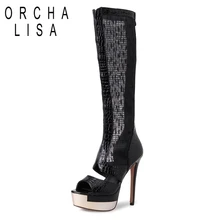 ORCHA LISA/Привлекательные женские ботинки модные летние сапоги сетки ботинки до колен открытый носок кружевная обувь Для женщин вечерние ночной клуб Для женщин обувь C353