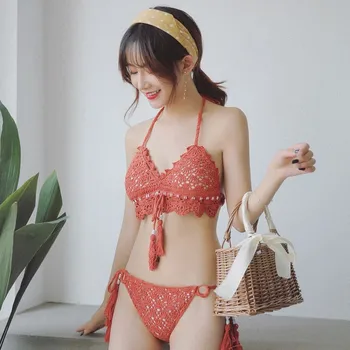 

LOEWA 2019 Handmade Crochet Women Bikini Top Boho Beach Bralette Solid Halter Knitted Swimsuit Brazilian Bikinis Bathing Suits