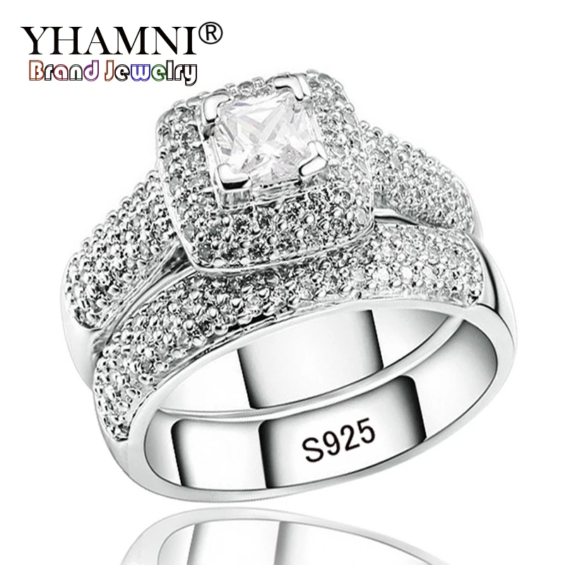 

YHAMNI Luxury Engagement Double Rings Set Original Real 925 Solid Silver White CZ Zircon Ring Wedding Fine jewelry LR149