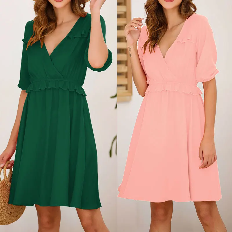 

Summer V Neck Puff Sleeve Elastic Sweet Dress Solid Color Pink Green Romantic Women Wooden Ear Korean Lady Dress NEW Arrival
