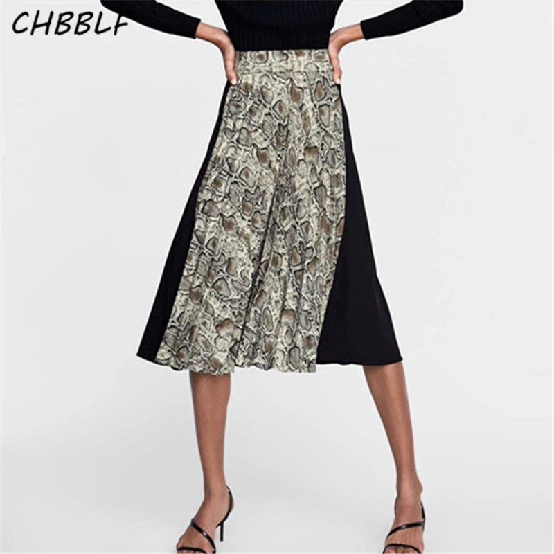 

CHBBLF snake print patchwork pleated skirt animal pattern spliced style elastic waist zipper female chic midi skirt XDN9369