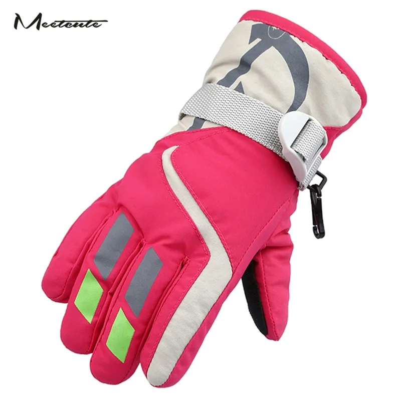 Meetcute/водонепроницаемые и ветрозащитные теплые варежки для детей; зимние лыжные перчатки для маленьких мальчиков и девочек; цвет синий, розовый; утепленная верхняя одежда с принтом - Цвет: Rose Red