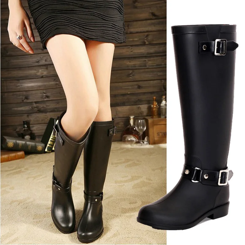 

KESMALL Women Rain Boots Red Zipper Rain Shoes Round Toe Waterproof Motorcycle Boots Female Knee High Outdoor Shoes WS500