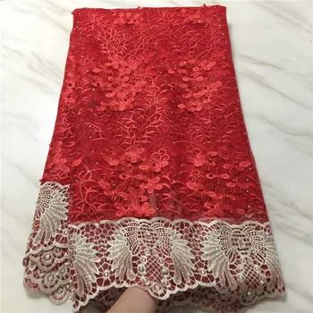 

Embroidered Beaded stone Net Lace Fabric 2019 High Quality African Beads Mesh Guipure Lace Bride Dresses Sewing Fabrics red
