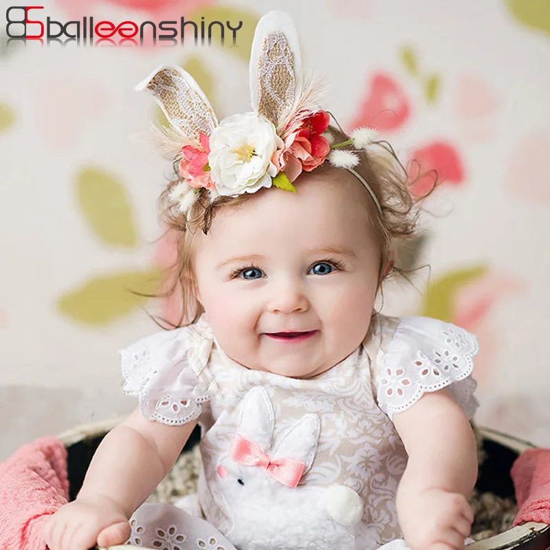 

BalleenShiny Artificial Flower Headband Baby Girls Fashion Lovely Rabbit Ear Hair Band Children Kids Princess Bandeau Photo Prop