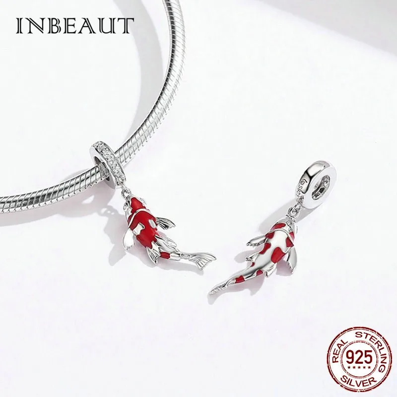 

fit Pandora Bracelet Original 925 Sterling Silver Red Carp Charms S925 China Lucky Enamel Little Fish Beads for Jewelry Making