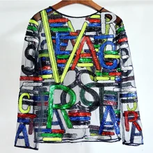 Letter Beading Sequins Long Sleeve Perspective Mesh Lace Blouse