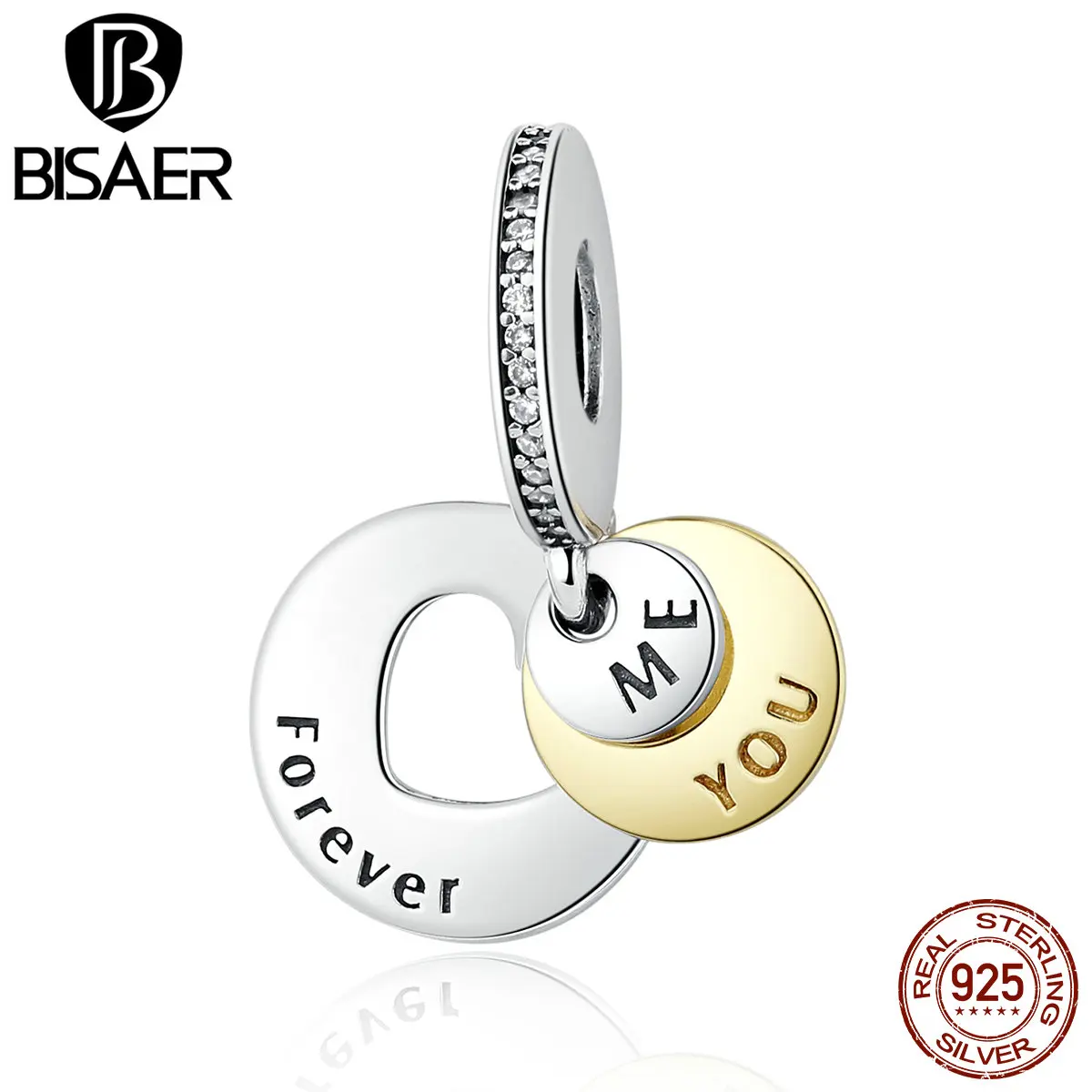 Romantic Gift 925 Sterling Silver You & Me Forever, Clear CZ Round Pendant Charms Fit BISAER Bracelet DIY Jewelry EDC017 Romantic Gift 925 Sterling Silver You & Me Forever, Clear CZ Round Pendant Charms Fit BISAER Bracelet DIY Jewelry EDC017