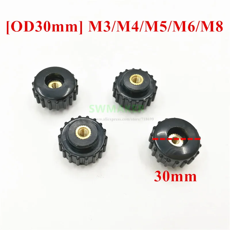 10pcs OD 30mm Straight thread Through hole M3 M4 M5 M6 M8 adjusting knob Round head rubber Hand Knob Nut Tighten | Обустройство дома