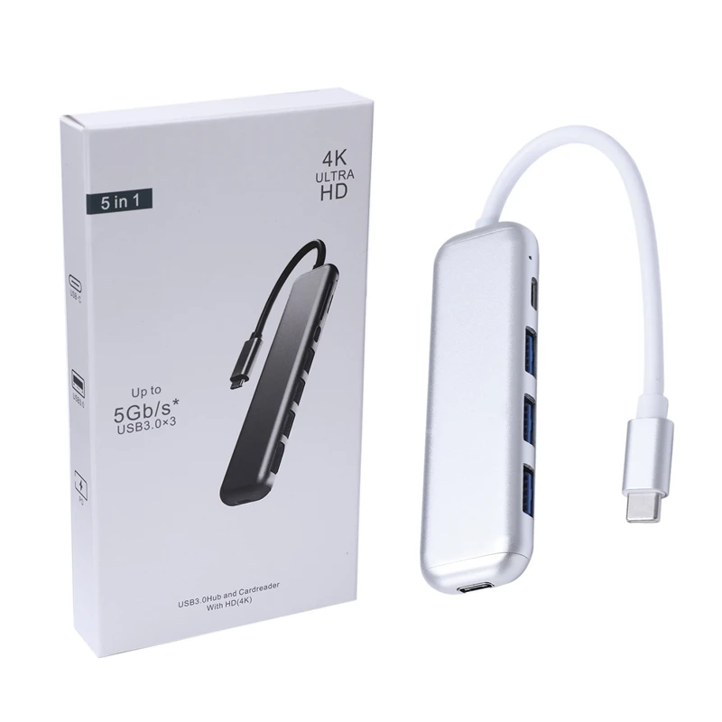 Портативный 5 в 1 type-C Usb 3,0 алюминиевый сплав концентратор адаптер с Pd быстрое зарядное устройство для ноутбука Macbook(серебро