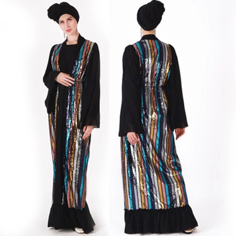 Gold Abaya Cardigan Kimono For Women Muslim Lace Maxi Dress Dubai Beaded Burka Coat Turkish Islamic Clothing | Тематическая одежда