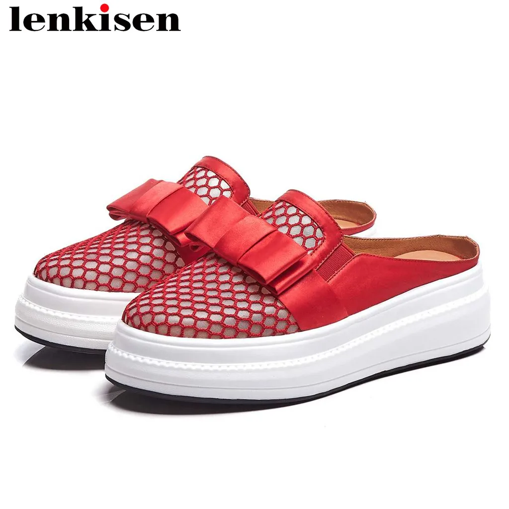 

Lenkisen breathable mesh butterfly-knot decoration round toe slip on mules med bottom platform summer brand vulcanized shoes L38