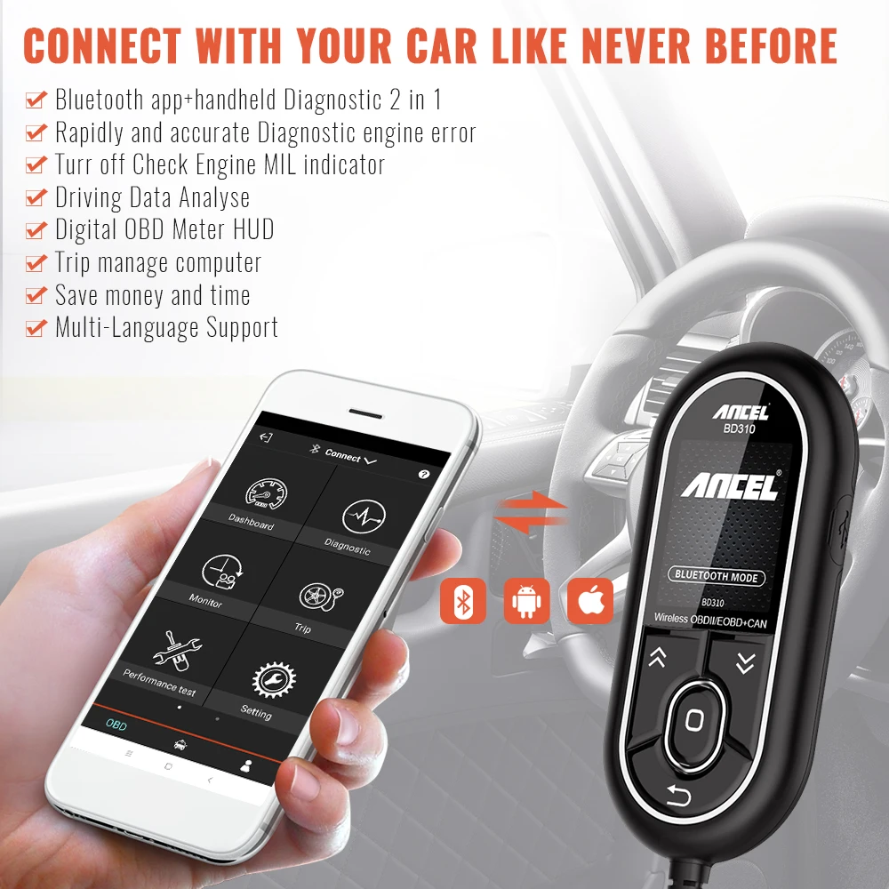 ANCEL BD310 OBD2 сканер Bluetooth 3 в 1 бортовой компьютер для автомобиля цифровой измеритель
