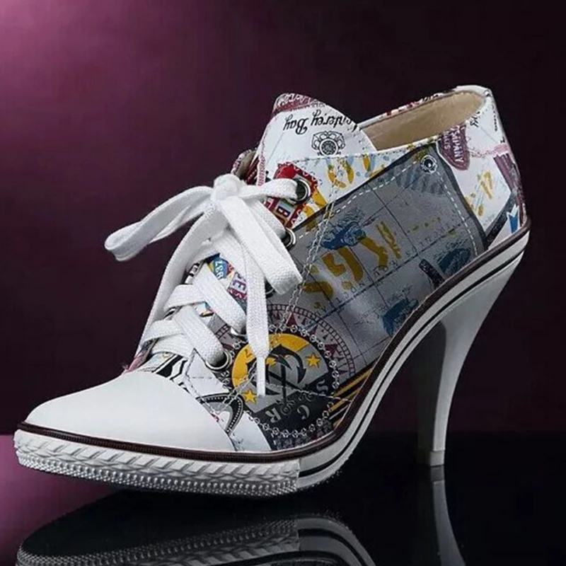 

new fashion top quality genuine leather print high heels stiletto heeled lace up pumps sexy women casual ladies single shoes