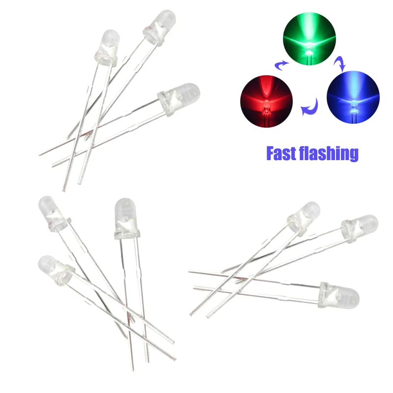 

100pcs 3mm 5mm RGB Fast Flashing Led Tricolor Round Water Clear 20mA DC 3V LED Light Emitting Diode Multicolor Flicker