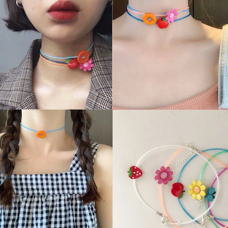 

Korea Cute Flower Daisy Color Necklace Fruit Sweet Contrast Color Choker Neck Chain Button Collar