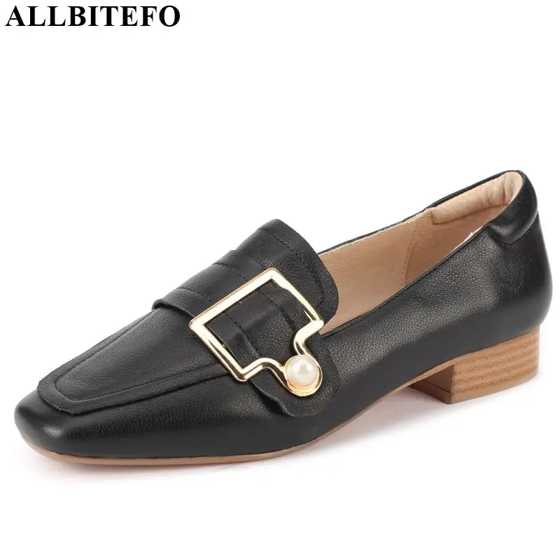 

ALLBITEFO real genuine leather women heels fashion spring autumn ladies shoes Metal buckle high heel shoes Pure color high heels