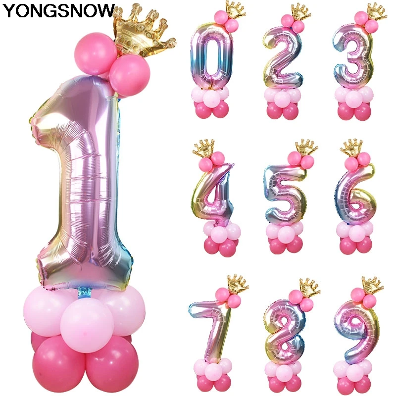 

1Set Rainbow Color Foil Number Balloon With Crown Latex Balloon Baby Shower Wedding Kids Happy Birthday Party Decoration Supplie