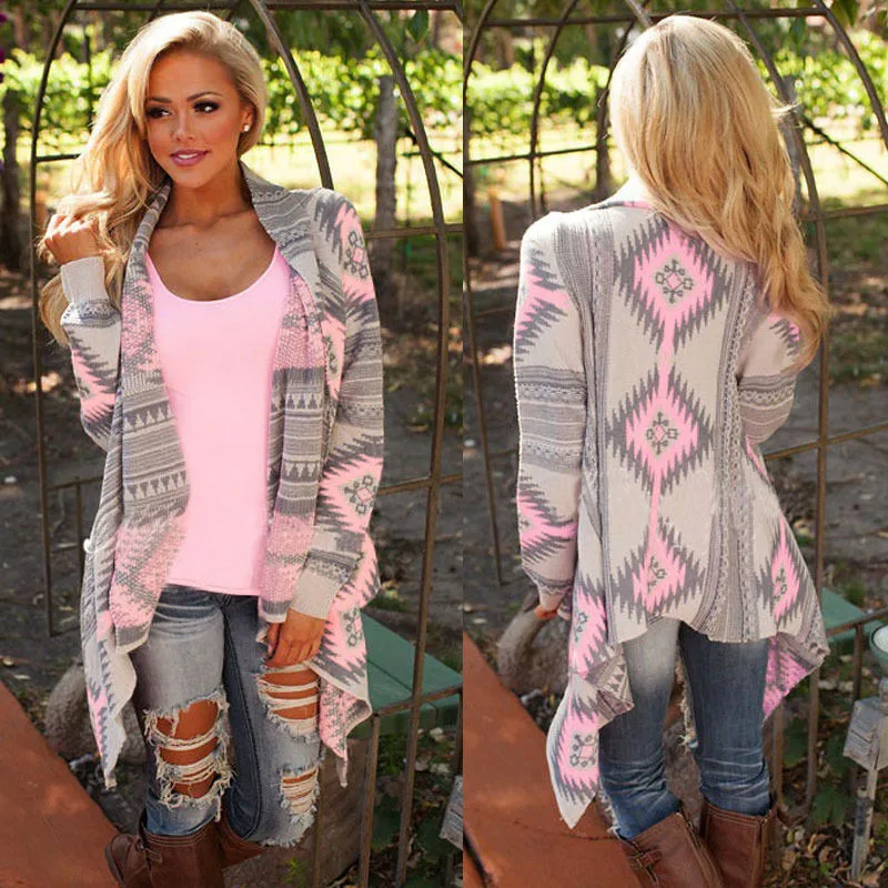 Promo Women 2018 Irregular Geometric Printed Cardigan Open Front Loose Aztec Sweaters Jumper Outwear Jack
