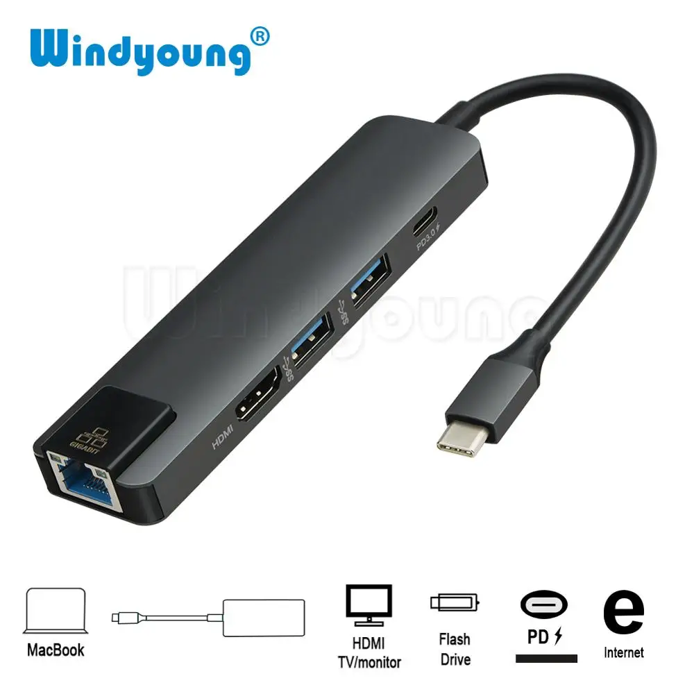 

USB C to Gigabit Ethernet RJ45 Lan Adapter USB Type C to HDMI 4K with 2 USB 3.0 Ports Hub for Macbook Pro iPad Pro