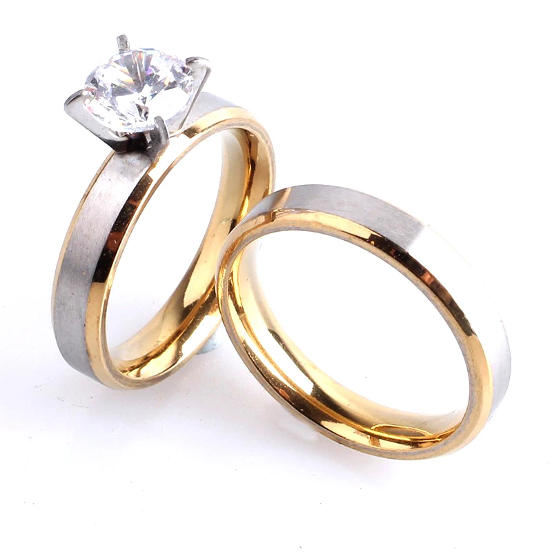 free shipping 4mm gold border Silver brushed Lovers Zircon 316L Stainless Steel wedding rings for women men wholesale