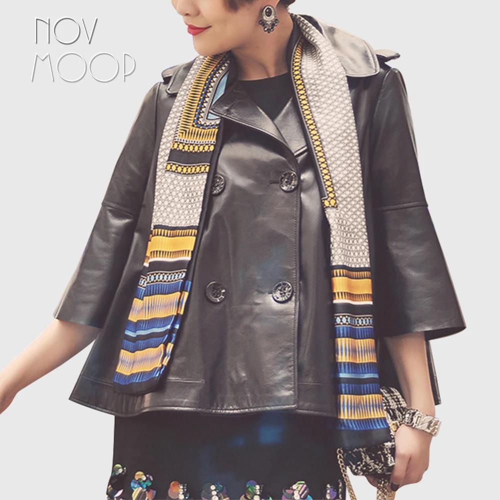 

Black red A-shape genuine sheepskin leather coat fashion double button style jacket veste cuir veritable pour LT2765