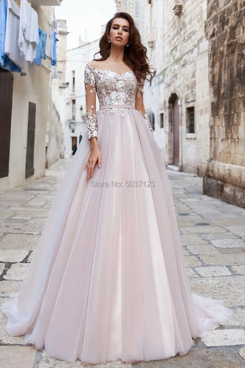 Свадебное платье трапециевидной формы с длинными рукавами, объемные цветы, Кружевная аппликация, свадебное платье со шлейфом, Vestido De Noiva