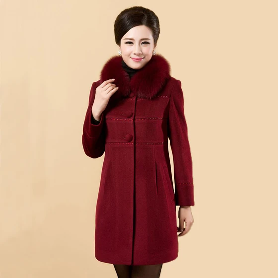 

High Quality Free Shipping Fur Women Mother Winter Wool Woolen Fox Work Wear Fashion Plus Size Slim Red Black Coats