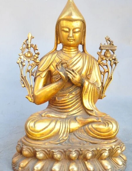 

004060 9" Tibet Buddhist Fane Bronze Gilt Guru Tsongkhapa great master Buddha Statue