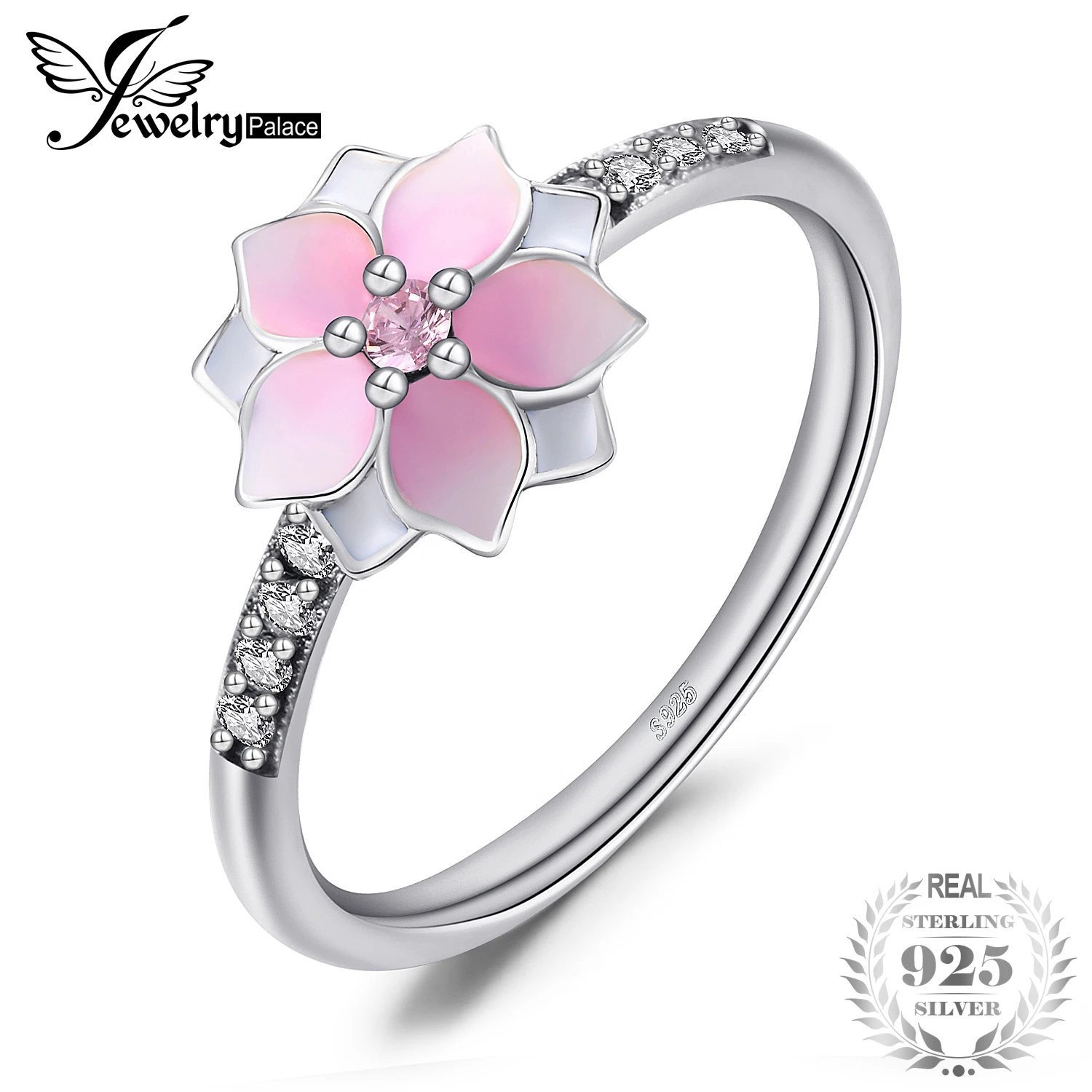 

JewelryPalace Flower Pink Enamel Ring 925 Sterling Silver Rings for Women Stackable Ring Band Silver 925 Jewelry Fine Jewelry