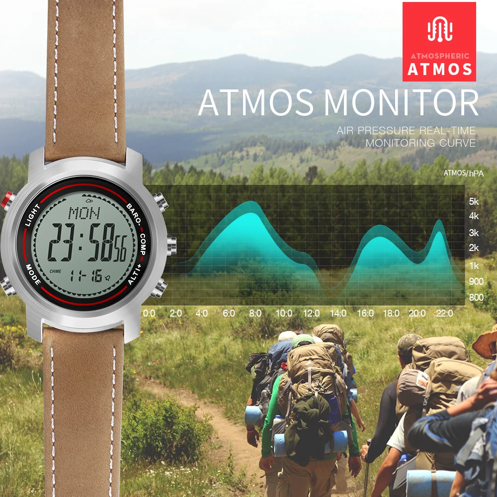 Baratos Banda de cuero de moda para hombre multifunción 5ATM de acero inoxidable Dial montañeer reloj deportivo altímetro barómetro termómetro