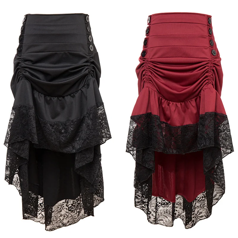 Плиссированные Асимметричные винтажные викторианские юбки размера плюс женские осенние зимние Высокие Низкие Асимметричные готические юбки для вечеринок в стиле стимпанк