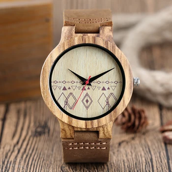 

Men Watches Natural Wooden Bamboo Quartz Wrist Watch Creative Pattern Wood Watch With Brown Genuine Leather Strap Relogio Clock