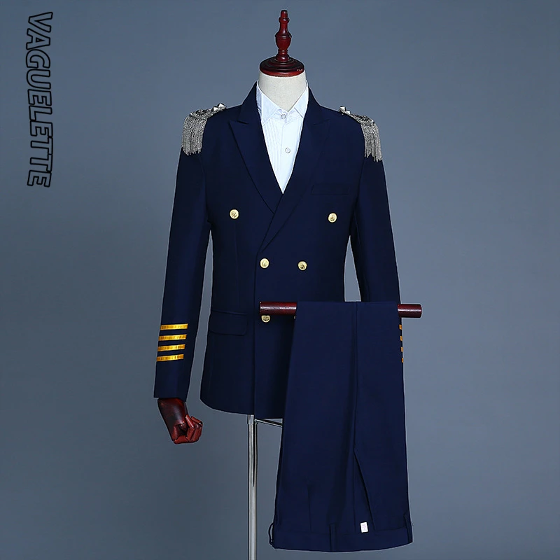 

VAGUELETTE Double Breasted Pilot Suit Men Navy Blue/ White Tuxedo Wedding Mens Suits With Pants Airplane Captain Stage Wear 2XL