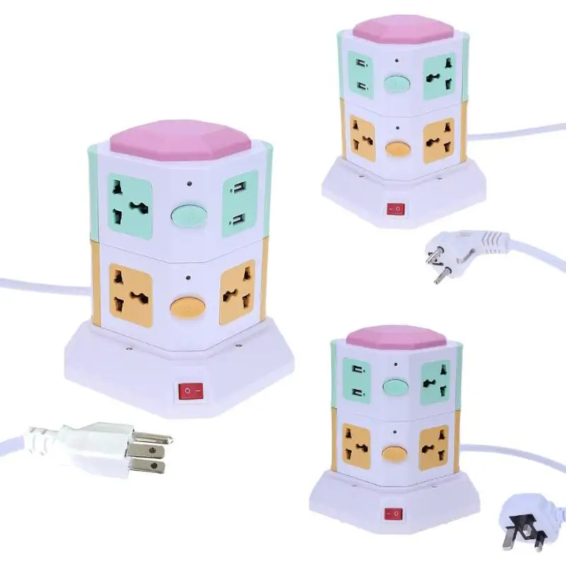 

Smart Electrical Plugs Universal Colorful Electrical Sockets 2 Layer Vertical 7 Power Socket Outlet 2 USB Ports US/EU/UK