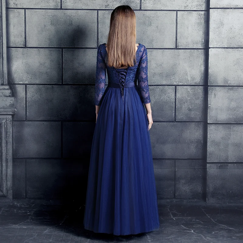 Новое поступление, платья для выпускного вечера, vestido de noiva sereia robe de soiree, вечернее элегантное кружевное платье с длинными рукавами и бантом, темно-синее длинное платье