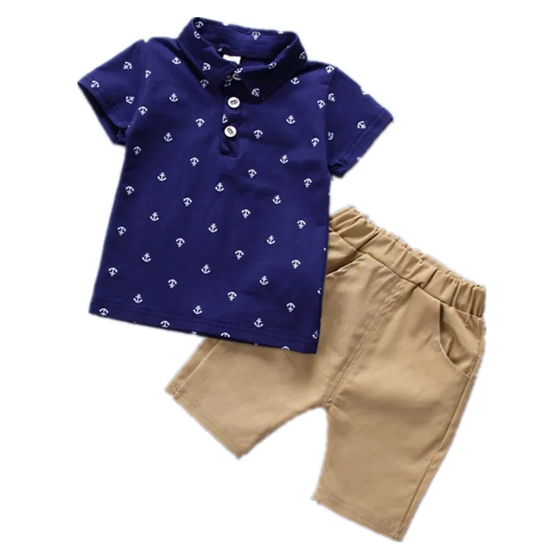 Summer 2019 new baby boys cotton clothes sets Kids Anchor print Short-sleeve Lapel T-shirt + Pants 2 pcs casual clothing | Детская