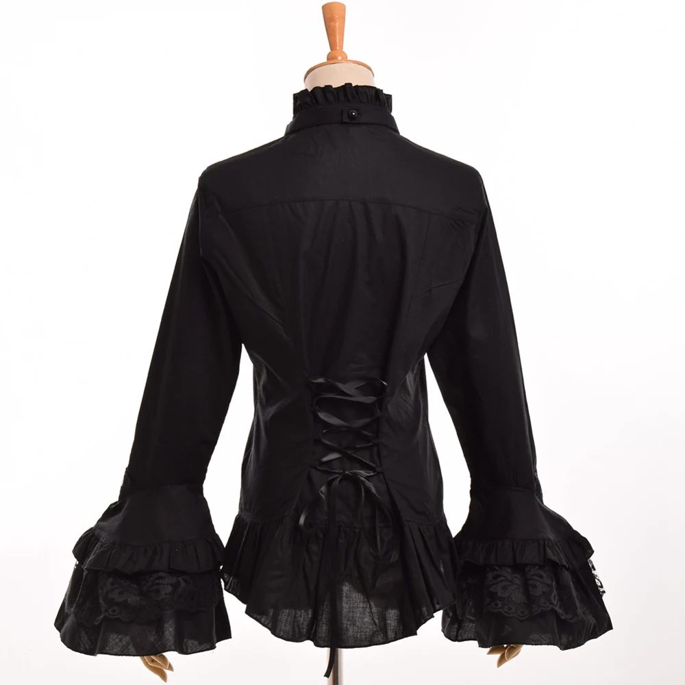 Черная Готическая блузка женская винтажная стимпанк элегантная принцесса империя королевская талия на шнуровке Лолита жабо рубашка Топы