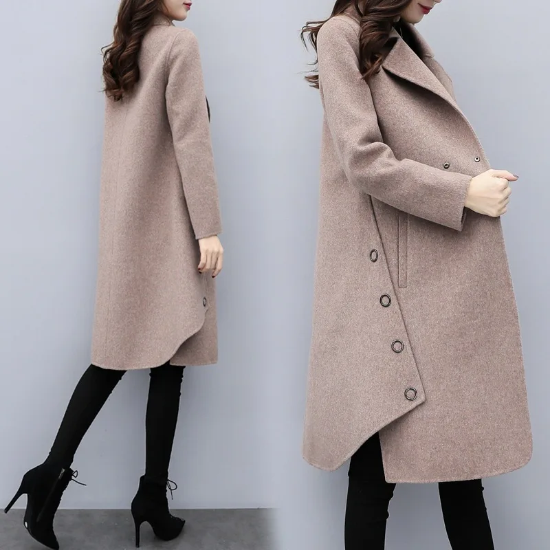 Зимнее женское пальто с широким нагрудным поясом и карманами, шерстяное пальто большого размера, длинное пальто, верхняя одежда, шерстяное пальто для женщин