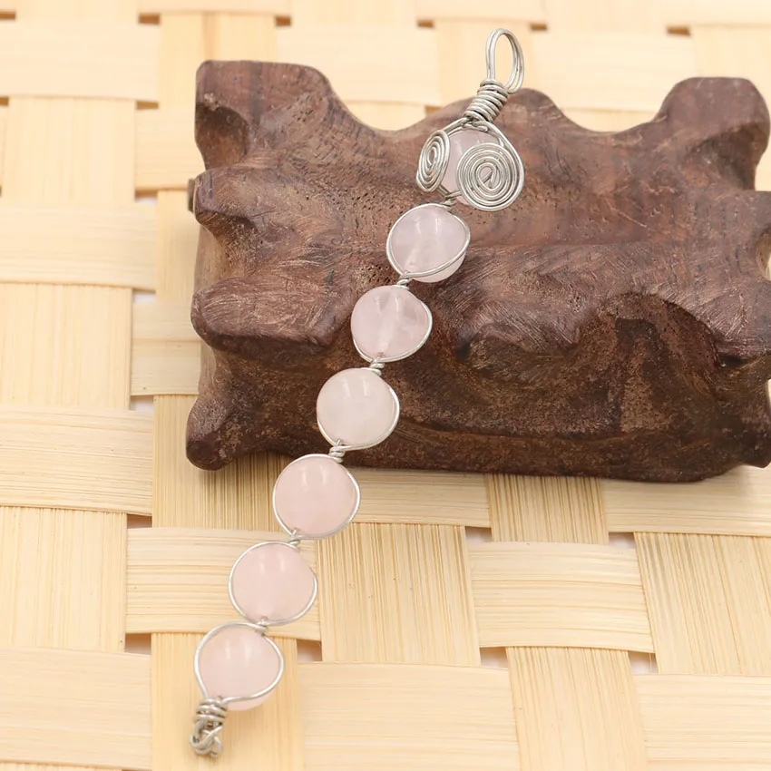 

YJXP Silver Plated Wire Wrap Natural Rose Pink Quartz Round Beads Straight Line Pendant Ethnic Jewelry