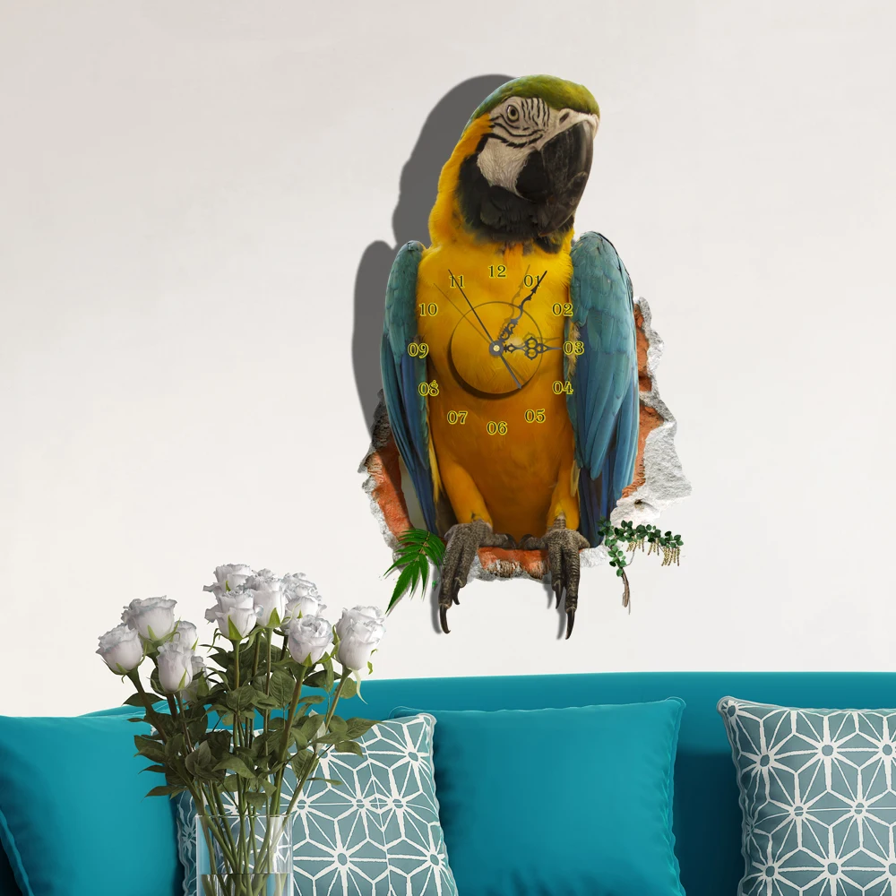 

Creative 3D RIO Psittacidae Self Adhesive Wall Clock Stickers Parrot Decor Decals Silent Movement Fancy Watch Art Horloge Mural