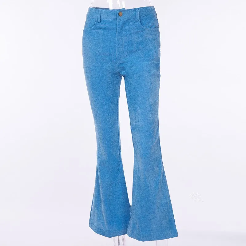 Новинка, модные вельветовые расклешенные брюки для женщин, повседневные складные штаны на молнии с карманами, штаны с высокой талией, уличные однотонные брюки - Цвет: Синий