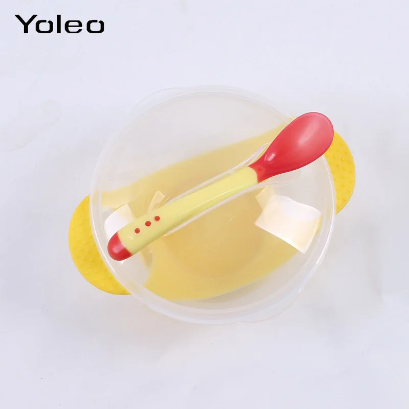 yellow c 3pcs set Детская Посуда столовая посуда на присоске с терморегулирующей ложкой детская еда чаша для кормления обучающая посуда набор посуды - Цвет: yellow c 3pcs set