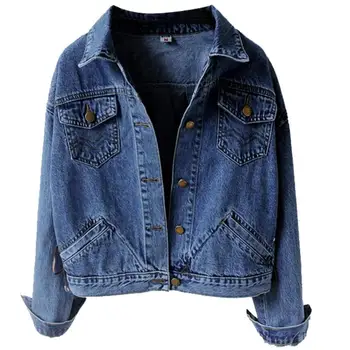 

Spring autumn long-sleeved denim jacket women turn down collar short paragraph loose jeans coat