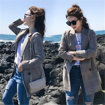 

2020 Women Plaid Blazer Spring Autumn Jacket Suit Blazers Long Sleeve Office Work Coat Double-breasted Casual Jacket X691