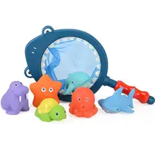 Детские игрушки для ванной комнаты, когда в теплой воде меняют цвет и имеют интерактивную рыболовную сеть для захвата морских животных. Морские животные