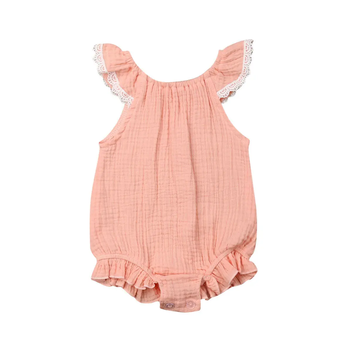 Цельный кружевной комбинезон с короткими рукавами и рюшами для новорожденных девочек, комбинезон, летний костюм, летняя одежда, однотонная мягкая одежда - Цвет: Розовый