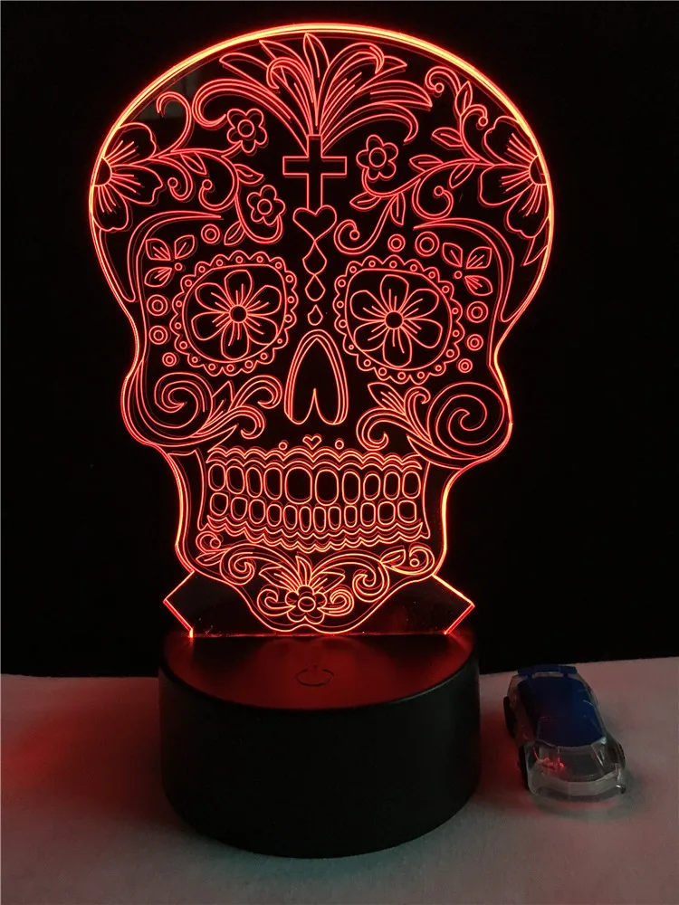 Novelty Flower Skull  3D Lamp LED Bulb USB Mood Night Light Multicolor Touch or Remote Luminaria Change Home Design Decor